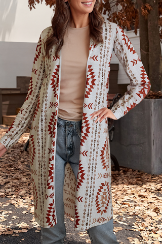 Western Printed Open Front Long Cardigan (S-2XL)