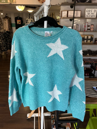 Turquoise Star Pattern Wool Crewneck Sweater