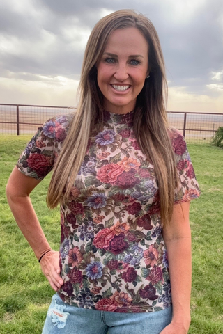 Western Vintage Floral Mesh Top — Short Sleeve Style