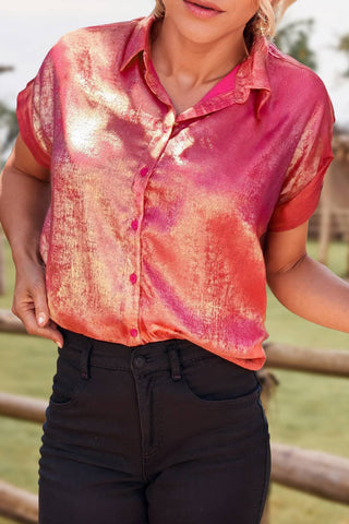 Metallic Sheen Short Sleeve Button Up Shirt