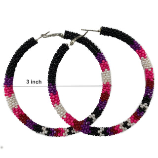 Handmade Native Style 3 Inch Hoop Earrings with Czech Seed Beads - Black Pink