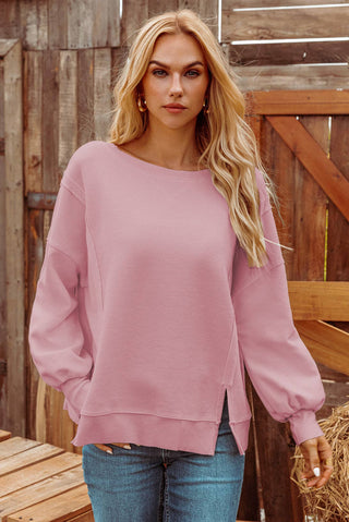 Waffle Knit Bishop Sleeve Split Oversized Sweatshirt