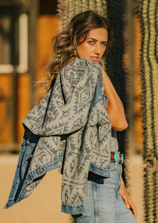 Ladies Denim with Aztec Fashion Jacket with Hood-L-25914