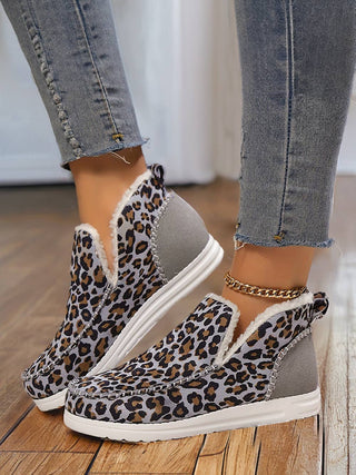 Leopard Print Ankle Patched Flat Winter Fur Boots