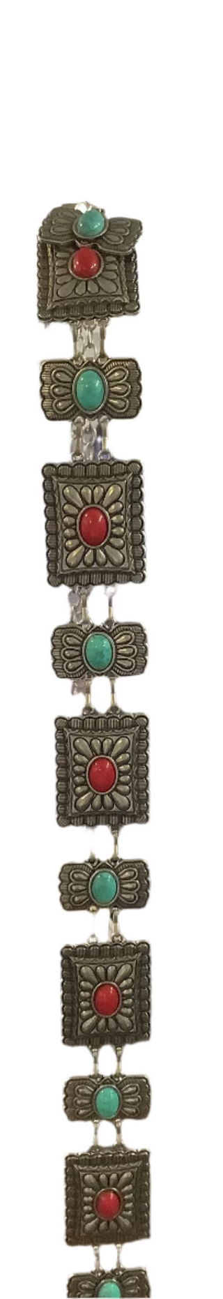 Western Silver Concho belt with Red and Turquoise stones