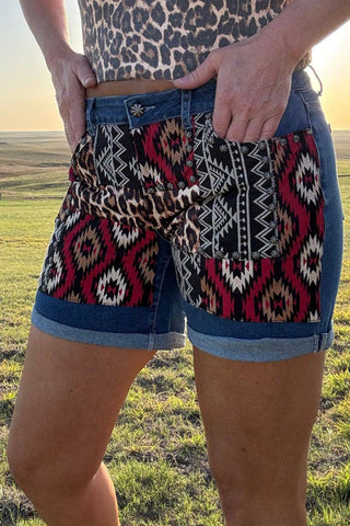 Patched Up Shorts – Leopard & Aztec Long Denim