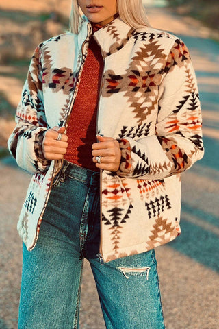 Lovesoft - Beige Aztec Printed Stand Neck Zip Up Jacket