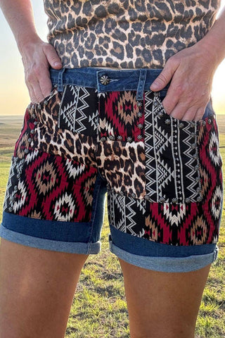 Patched Up Shorts – Leopard & Aztec Long Denim