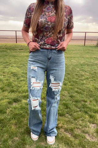 Western Vintage Floral Mesh Top — Short Sleeve Style