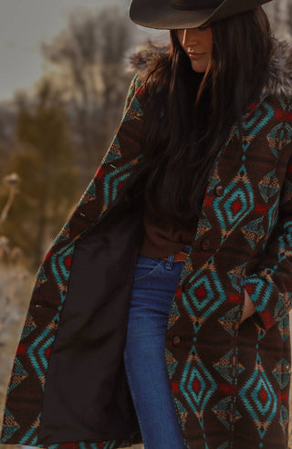 Ladies Long Aztec Jacket/ Coat with Removable Fur- L-25608