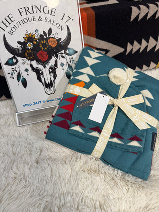 Teal Aztec Knit Baby Blanket and Beanie Set – Harding Collection