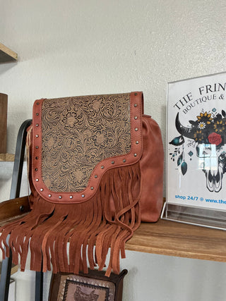 Western Tooled Yoke & Silver Stud Style Crossbody Purse
