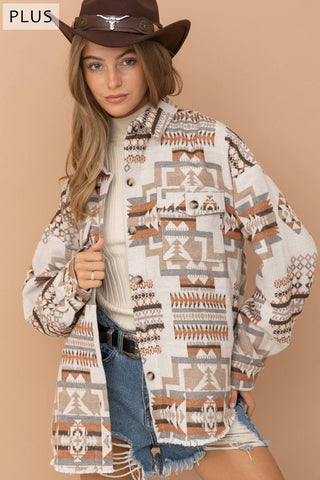 Blue B - 32147JPLUS - Jacquard Aztec Western Shirt Jacket PLUS: 2XL / BEIGE