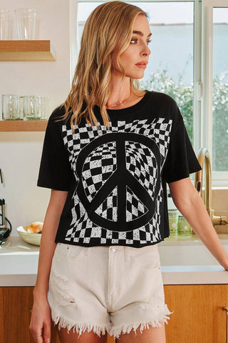 Fashion-W Checkerboard Peace Sign Printed Round Neck T Shirt