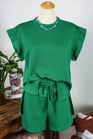 Textured Ruffle Split Top and Drawstring Shorts