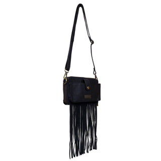 Leather Cowhide Fringed Women Clutch - Black Turqoise Floral
