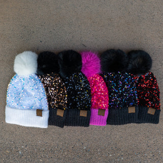 CC Sequin Fur Pom Beanie