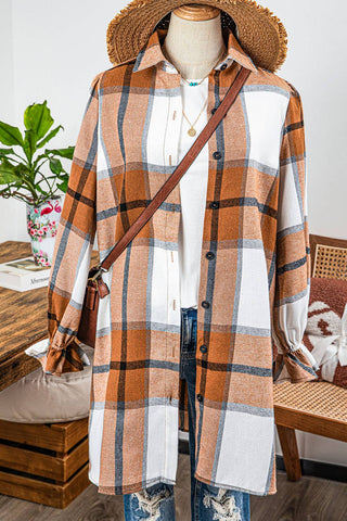 Plaid Collared Neck Ruffled Sleeve Shirt Dress