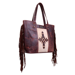 Leather Suede Fringed Women Tote - Rustic Cherry Stone Aztec