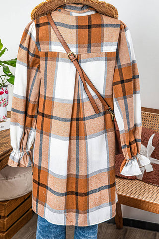 Plaid Collared Neck Ruffled Sleeve Shirt Dress