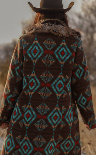 Ladies Long Aztec Jacket/ Coat with Removable Fur- L-25608