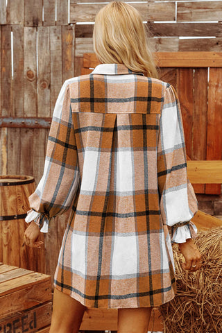 Plaid Collared Neck Ruffled Sleeve Shirt Dress