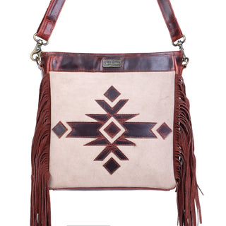 Leather  Fringed Women Crossbody - Rustic Cherry Stone Aztec