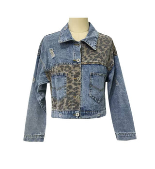 Women's Leopard Patchwork Denim Jacket – Short Western Street Style