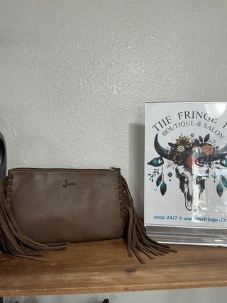 Washed Turquoise Tooled Clutch with Suede Fringe