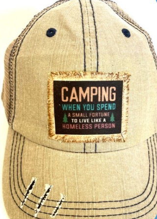 "CAMPING'" DISTRESSED TRUCKER HAT