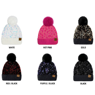 CC Sequin Fur Pom Beanie