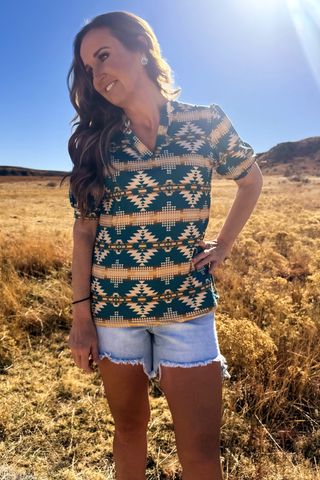 Turquoise Twist Aztec Top