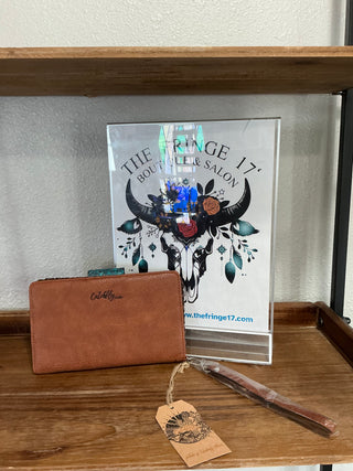 Tan Leather Slim Wallet with Turquoise Floral Emboss & Concho