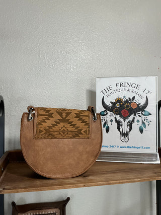 Women’s Western Suede Saddle Bag – Aztec Embossed Flap & Cross-Stitch Edge