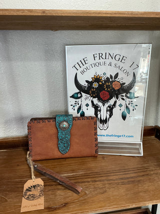 Tan Leather Slim Wallet with Turquoise Floral Emboss & Concho