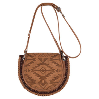 Women’s Western Suede Saddle Bag – Aztec Embossed Flap & Cross-Stitch Edge