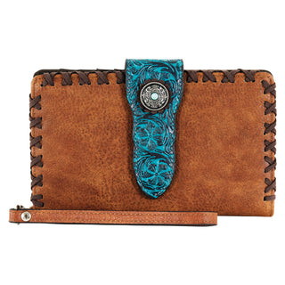 Tan Leather Slim Wallet with Turquoise Floral Emboss & Concho