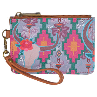 Women’s Southwestern Floral Cow Skull Canvas Wristlet Pouch – Western Boho Style