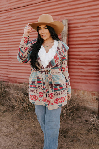 LADIES LONG AZTEC WESTERN OPEN COAT WITH HOOD