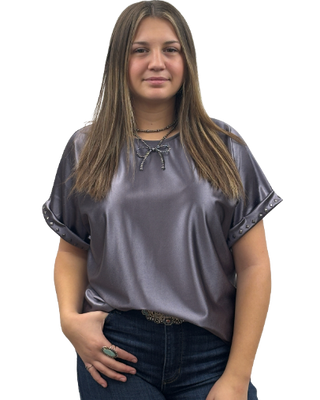 Casino Satin Top Oversized Silky Drape Relaxed Fit With Stud Cuff Short Sleeves