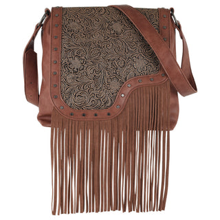 Western Tooled Yoke & Silver Stud Style crossbody bag featuring a stunning asymmetrical floral tooled yoke, accented with old silver studs and long superfiber fringe. This boho crossbody, perfect for festivals or daily adventures, embodies a stylish fusion of functionality and unique craftsmanship, making it a must-have fringe crossbody, fringe purse, tooled leather bag, and western bag.