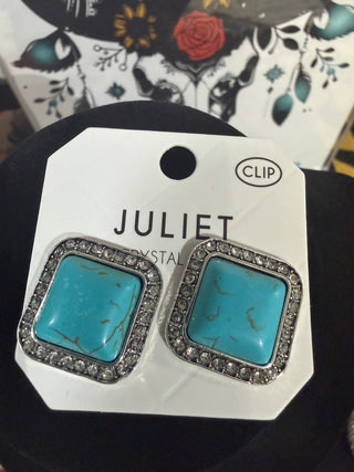 Western Turquoise Clip-On Earrings with Square Design
