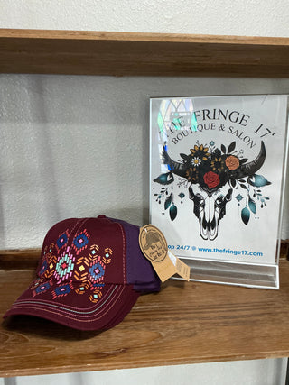 Berry Red Aztec Print Ponytail Baseball Cap
