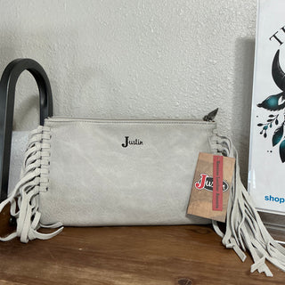 Silver Tooled Leather Clutch with Brown Wash & Suede Fringe
