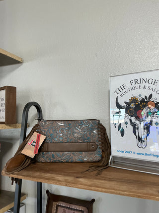 Washed Turquoise Tooled Clutch with Suede Fringe