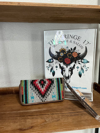 Women's Western Southwestern Blanket Wallet | Tooled Leather Trim Wristlet