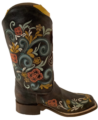 Brown Horse Inlay multicolor Embroidery cowboy boot