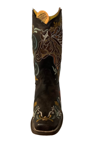 Brown Horse Inlay multicolor Embroidery cowboy boot