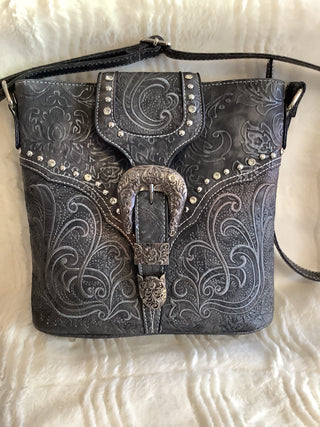 Black leather tooled style crossbody purse