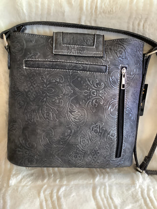 Black leather tooled style crossbody purse